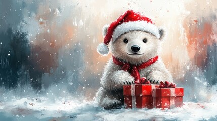 Adorable Polar Bear in Christmas Hat with Gift Boxes