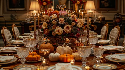 Lavish Thanksgiving tablescape with autumnal colors, seasonal flower centerpiece, golden cutlery, crystal glasses, and intricately folded napkins in a soft, elegant ambiance
