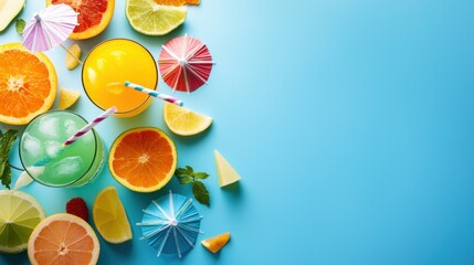 A colorful selection of summer cocktails, with vibrant fruit slices and paper umbrellas, perfect for a pool party.