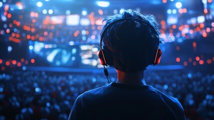 A child with headphones watches a vibrant esports event, immersed in the excitement of the gaming atmosphere and large illuminated screens.