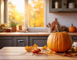 Pumpkin on the kitchen table in leaves before carving