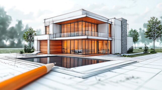 Modern House Design Sketch with Pencil Pool and Blueprints