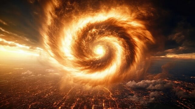 Majestic swirling vortex of fire above a city at sunset, showcasing nature 's raw power - Powered by Adobe