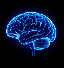 Holographic human brain model, neon human brain graphics, medical progress, biomedical engineering, telemedicine, ai in medicine