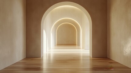 Fototapeta premium A Modern Hallway with Arched Entries and a Wooden Floor