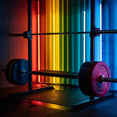 Training bench, bodybuilding set on rainbow vibrant background. Sport, Lgbtq symbol.