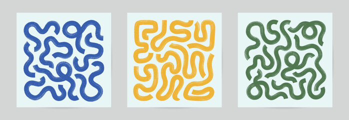 Wavy bold brush strokes maze banner set. Square abstract geometric lines poster, wall art