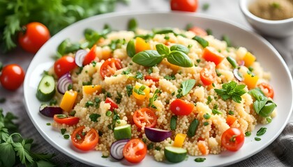 Homemade Fresh Couscous salad with vegetables, in white plate.
