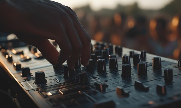 Hand adjusting knobs on a sound mixer.