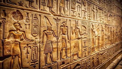 Obraz premium Ancient Egyptian hieroglyphs carved in granite wall vintage texture background Low Angle