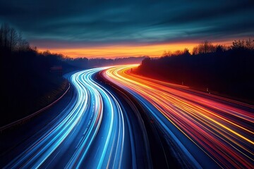 Fototapeta premium long exposure photography captures the flow of car lights along a busy highway at night creating a dynamic vibrant tapestry of colors that reflects the energy and movement of urban life