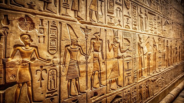 Ancient Egyptian hieroglyphs carved in granite wall vintage texture background Low Angle