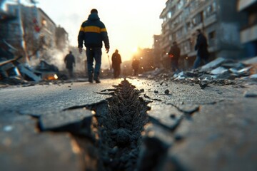 Rescue efforts underway in a damaged city after the devastating earthquake at sunset