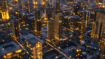 Futuristic Smart Cityscape: Dusk View of Connected Buildings with 5G Technology, Ray Tracing Illustration
