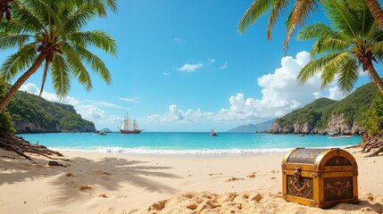 Tropical Paradise Beach with Pirate Ship and Treasure Chest against Turquoise Sea