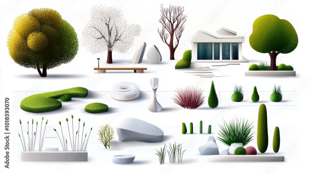 Poster a set of vector landscape architecture symbols representing various hardscaping and softscaping elem