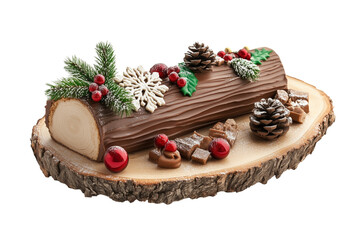Christmas traditional log cake isolated on transparent background, png file