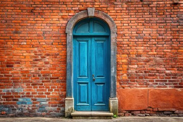 Antique blue European doorway with brick red wall and long shot view