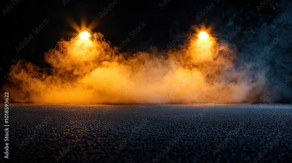 Poster mysterious fog envelops dimly lit scene, illuminated by two glowing lights, creating atmospheric and
