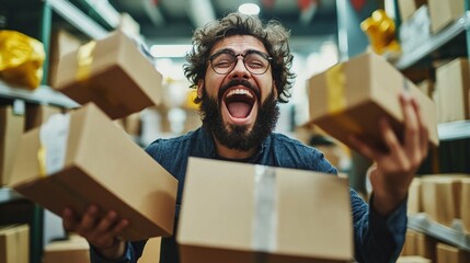 Ecstatic bearded man with glasses surrounded by cardboard boxes in warehouse, expressing extreme joy and excitement amid shipping and logistics environment.