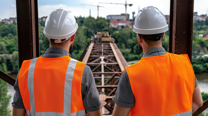 Construction workers observe bridge construction site, wearing safety helmets and reflective vests. Their focus on project highlights importance of safety and teamwork in engineering