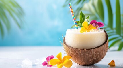 A tropical cocktail served in a coconut shell with colorful flowers and a straw, giving a beachy vibe.
