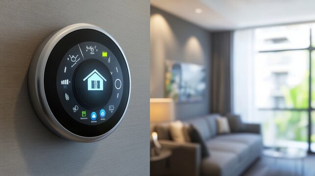 A modern smart thermostat displayed on a wall, with a cozy living room in the background featuring a sofa and large window.