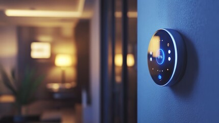 A modern smart thermostat is mounted on a wall in a dimly lit room, featuring blue lights and a sleek design, contributing to a contemporary home atmosphere.
