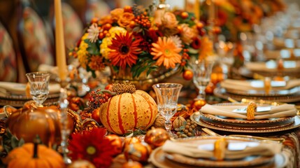 Autumn-inspired Thanksgiving tablescape with seasonal flower centerpiece, crystal glasses, golden cutlery, candles, and intricately folded napkins for a luxurious touch