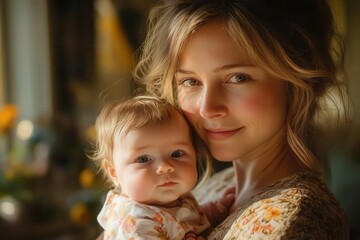 Obraz premium loving mother cradles her newborn baby in a bright sunlit room radiating warmth and affection capturing the tender bond between parent and child in a serene domestic setting