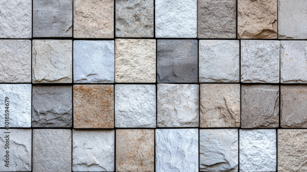 Poster textured stone tiles in various shades of gray, beige, and white create visually appealing pattern. 