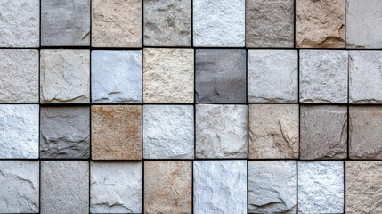 Textured stone tiles in various shades of gray, beige, and white create visually appealing pattern. natural variations in color and texture add depth and interest to surface