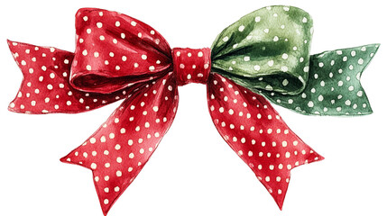 Red and Green Watercolor Bow with White Polka Dots