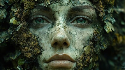 Obraz premium Close-up Portrait of a Woman with Green Moss and Leaves on Her Face