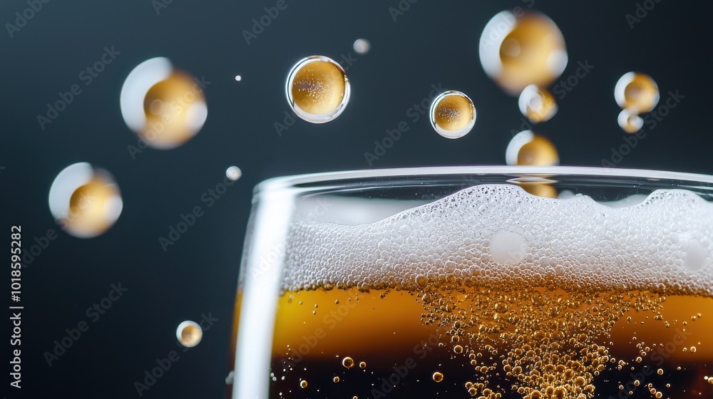 Poster close-up of soda bubbles rising to the surface in a glass, creating a refreshing and fizzy effect.