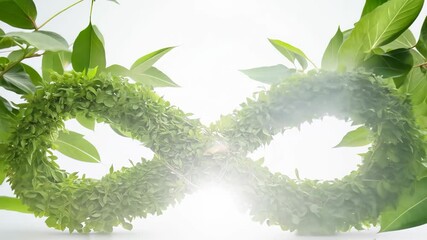 green infinity symbol made of leaves, representing the concept of sustainability, environmental protection, and the cyclical nature of life and resources