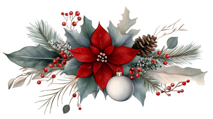 Watercolor Christmas Ornament with Poinsettia  Holly  Pine Cone  and Berries