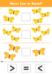 Comparison Worksheet with Cute Butterfly Illustration for Kids. Counting Games for Preschoolers. More or Less Worksheet for Kindergarten.