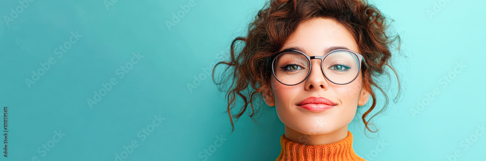 Poster A woman with curly hair and glasses is smiling at the camera