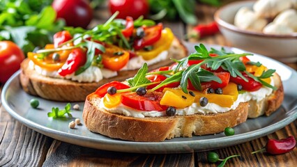 Aromatic bright bruschetta with cream cheese, roasted peppers, garlic, herbs, arugula on a plate Close-Up