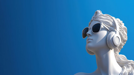 Fototapeta premium modern sculpture of woman wearing headphones and sunglasses against blue background, symbolizing fusion of art and music