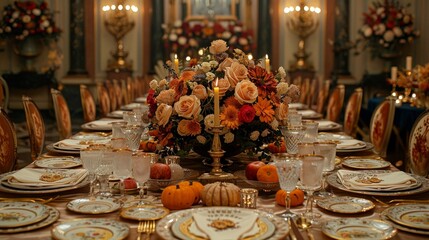 Lavish Thanksgiving tablescape with autumnal colors, seasonal flower centerpiece, candles, golden cutlery, crystal glasses, and intricately folded napkins