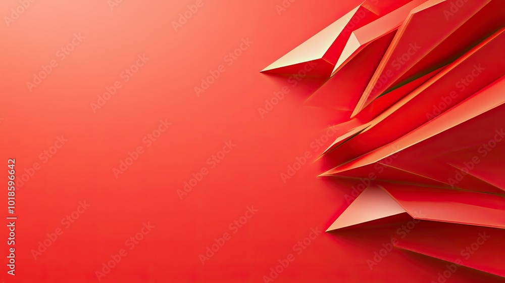 Poster a bold red geometric background with large, angular shapes and contrasting red tones, creating a str