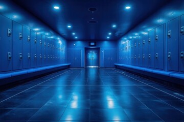 lowangle view of a modern blue locker room with neatly arranged sports equipment clean lines and cool lighting create a professional atmosphere