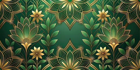 ArtDeco green and gold flowers ornament background wallpaper high angle view