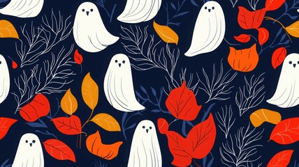 Fototapeta premium A whimsical pattern featuring white ghosts surrounded by colorful autumn leaves on a dark background.
