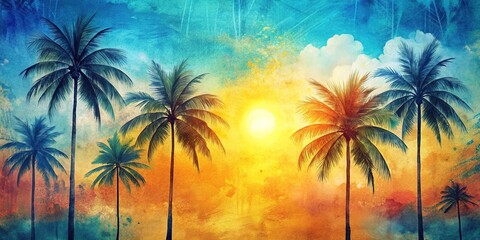 artistic abstract background with palm trees, sun, sky