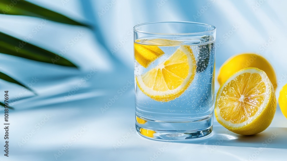 Poster a close-up of a glass of water with lemon slices floating in it, adding a touch of zest to the refre