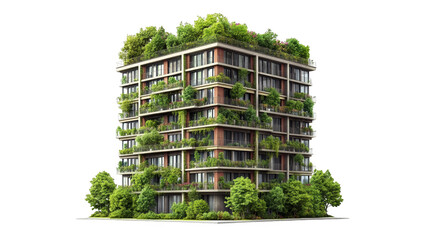 Modern Green Apartment Building with Rooftop Garden and Glitch Effect