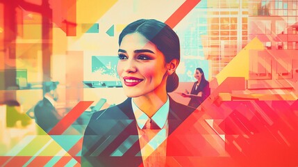 A confident businesswoman smiles while surrounded by a vibrant, abstract cityscape, symbolizing professionalism and modernity.